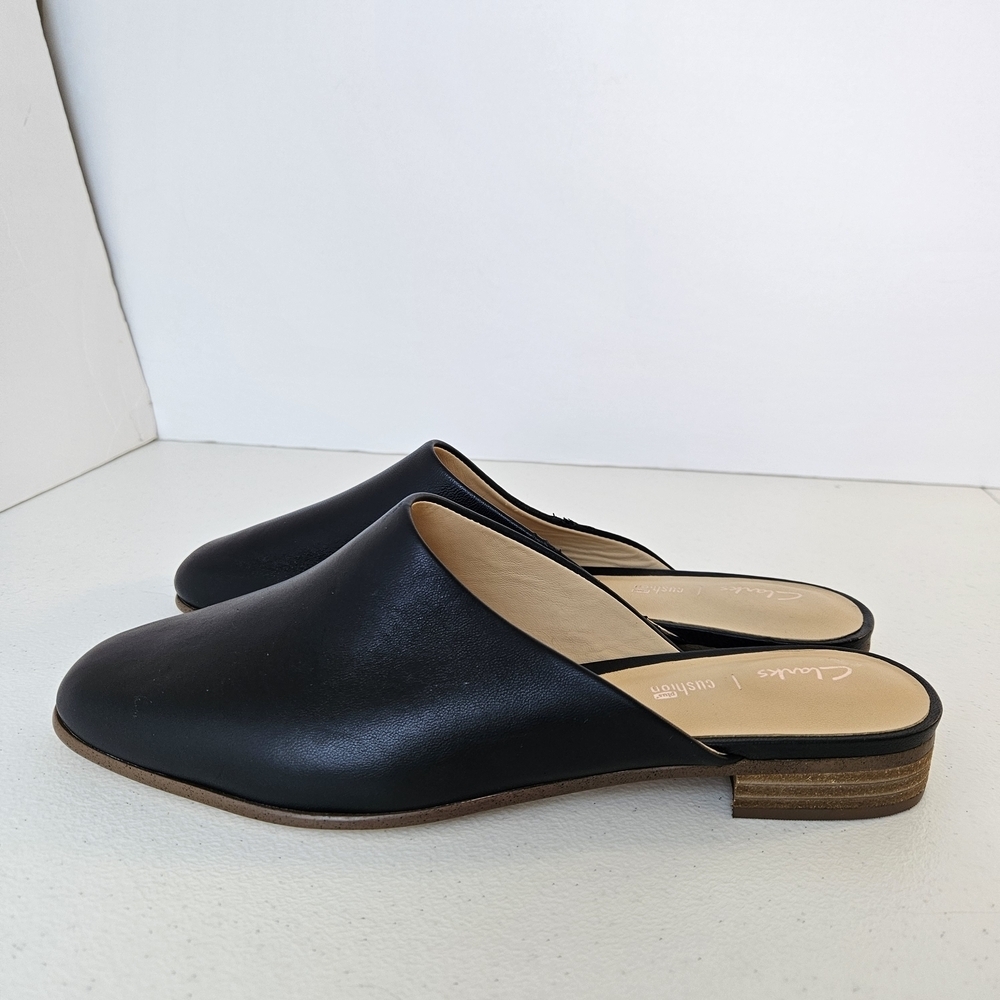 Clarks Pure Blush Black Leather Mules Womens 8.5 Classic Minimalist Comfort - Picture 4 of 11